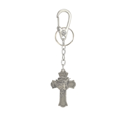 Chaveiro Mosquetão Cruz Face de Cristo e Sagrado Coração de Jesus - Níquel