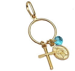 Pingente Nossa Senhora das Graças, Cruz e Cristal Azul Turquesa