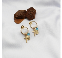 Brinco Nossa Senhora das Graças, Cruz e Cristal Azul Turquesa