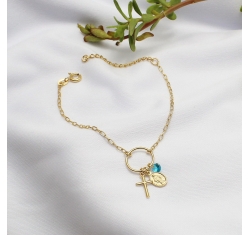 Pulseira Nossa Senhora das Graças, Cruz e Cristal Azul Turquesa