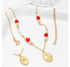 Gargantilha Pérolas e Cristal Vermelho Jesus Misericordioso