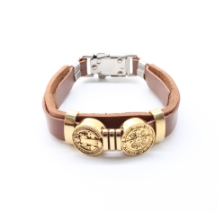 Pulseira de Couro Medalha Dupla São Bento - Marrom