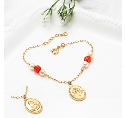 Pulseira Pérolas e Cristal Vermelho Jesus Misericordioso