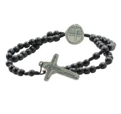Pulseira Terço com Cruz Medalha das Duas Cruzes - Madeira Preta